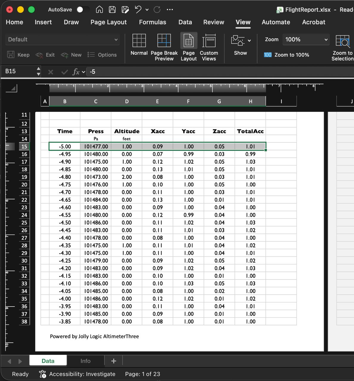 Microsoft Excel FlightReport.xlsx Data worksheet showing time, pressure, altitude, X, Y, and Z acceleration, and total acceleration samples from AltimeterThree.