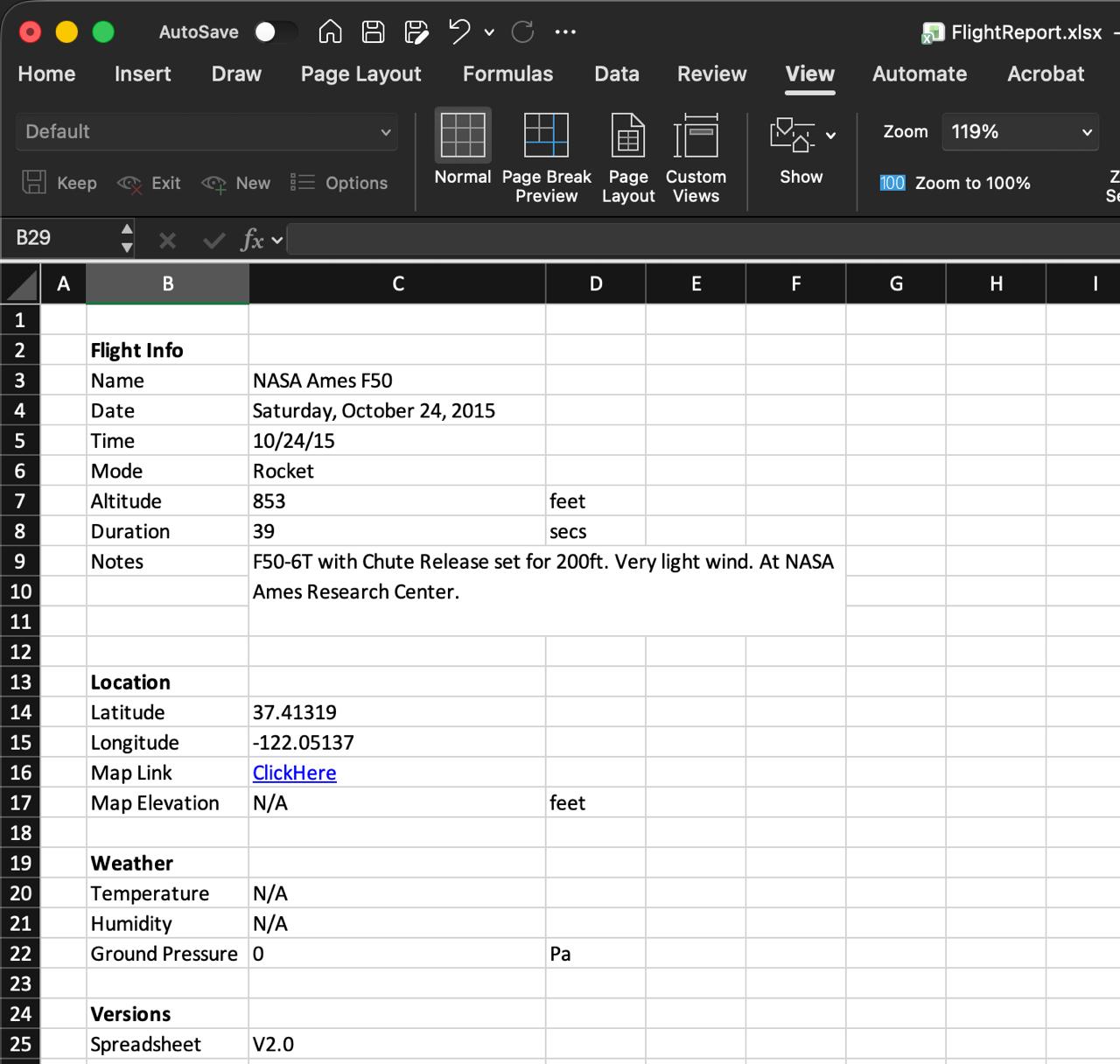 Microsoft Excel FlightReport.xlsx workbook showing AltimeterThree flight information, notes, location coordinates, weather fields, and spreadsheet version.