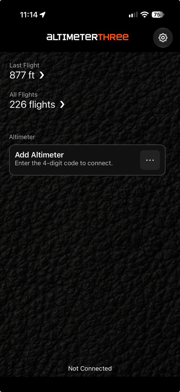 AltimeterThree Pi home screen before an altimeter is added, showing the Add Altimeter prompt and instructions to enter the four-digit connection code.