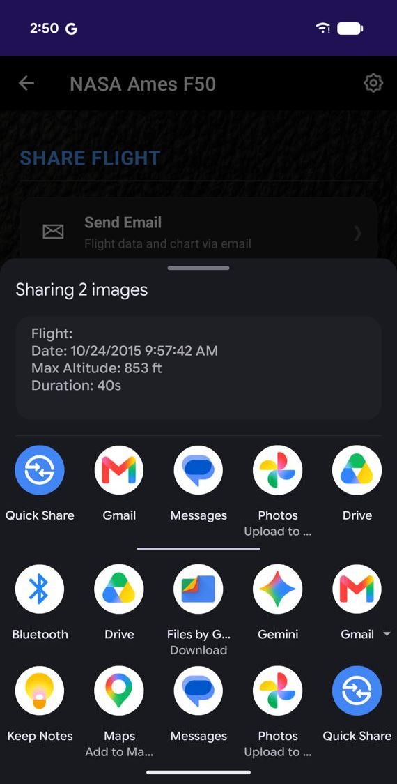 Android share sheet opened from AltimeterThree Pi with flight images ready to share through Quick Share, Gmail, Messages, Photos, Drive, and other apps.