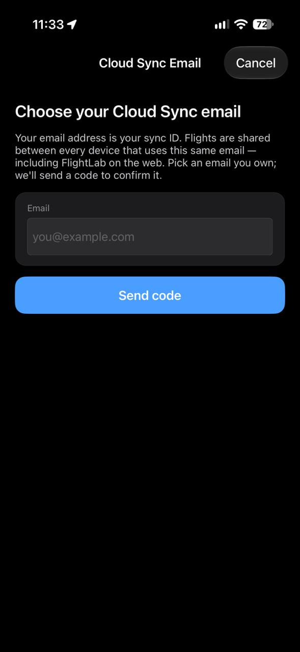 AltimeterThree Pi Cloud Sync Email screen asking the user to enter an email address and tap Send code.