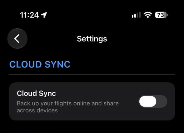 AltimeterThree Pi Settings screen with the Cloud Sync switch turned off.