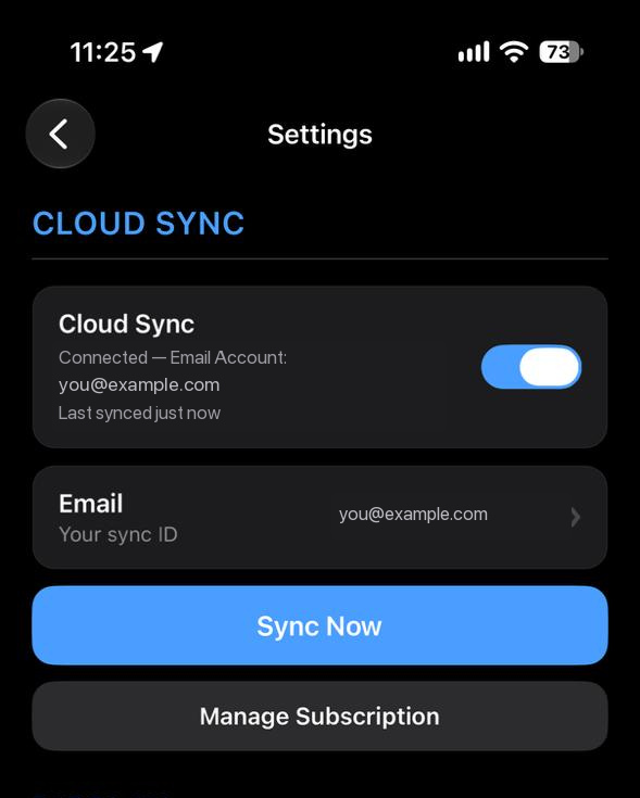 AltimeterThree Pi Settings screen with Cloud Sync enabled and controls for syncing and managing the subscription.