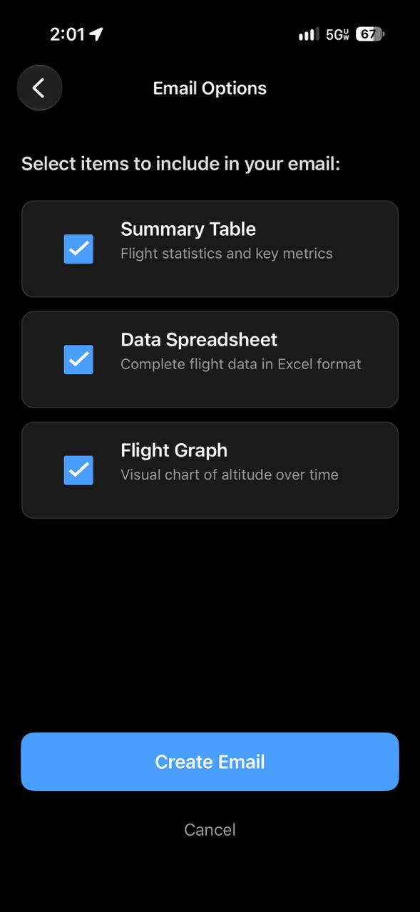 AltimeterThree Pi Email Options screen with Summary Table, Data Spreadsheet, and Flight Graph selected and a Create Email button.