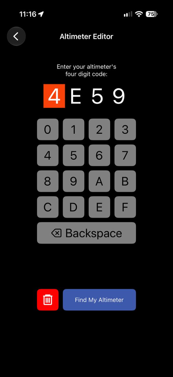 AltimeterThree Pi Altimeter Editor screen with a four-character connection code, hexadecimal keypad, and Find My Altimeter button.
