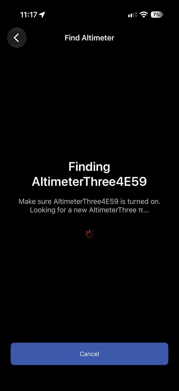 AltimeterThree Pi Find Altimeter screen searching for AltimeterThree4E59 and reminding the user to make sure the altimeter is turned on.