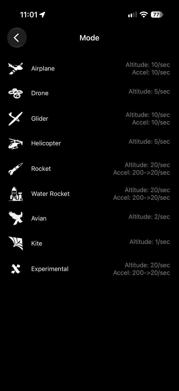 AltimeterThree Pi Mode screen listing Airplane, Drone, Glider, Helicopter, Rocket, Water Rocket, Avian, Kite, and Experimental recording modes.