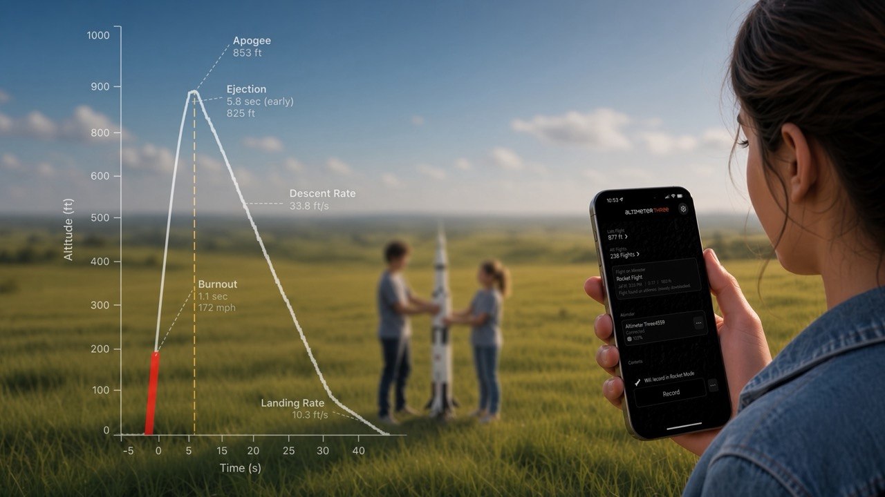AltimeterThree app and rocket flight profile at a model rocket launch