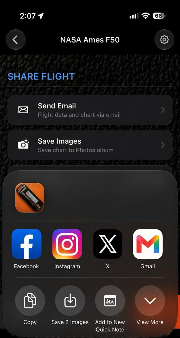 Apple iOS share sheet opened from AltimeterThree Pi with options for Facebook, Instagram, X, Gmail, copying, saving images, and more.