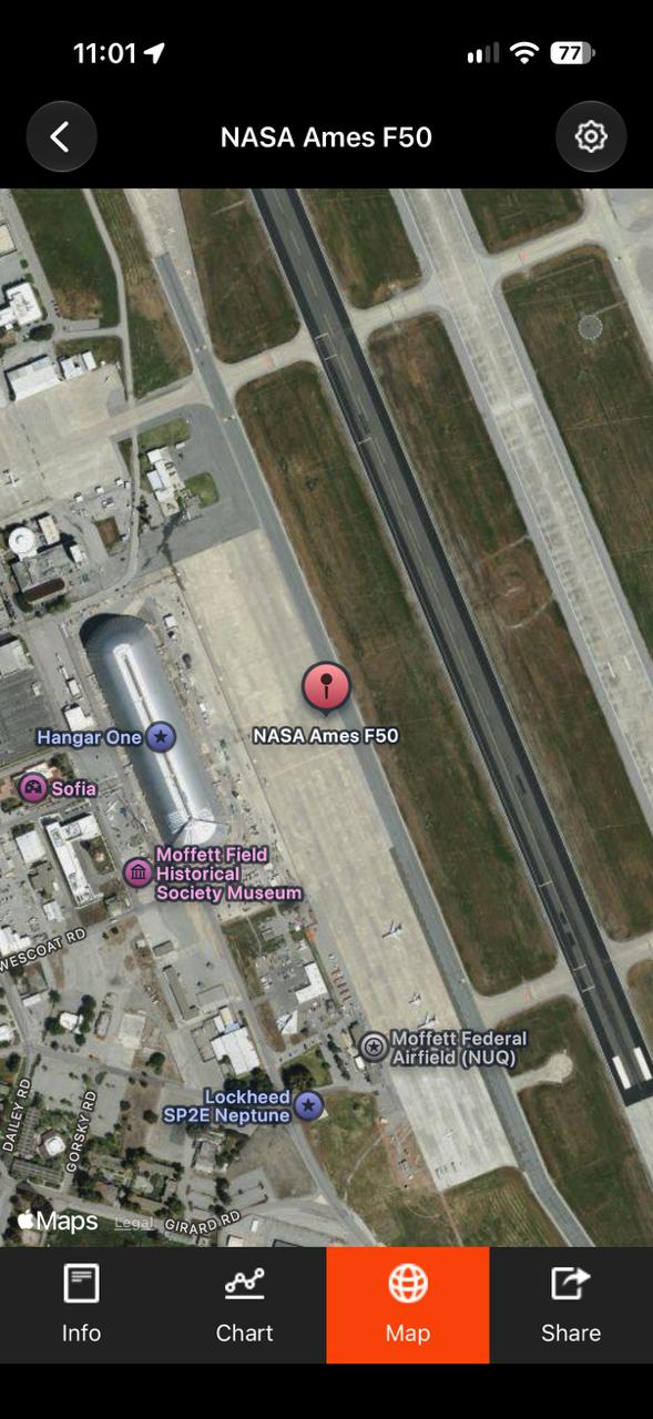 AltimeterThree Pi Map Page on Apple iOS showing the NASA Ames F50 flight location near Hangar One and Moffett Federal Airfield.