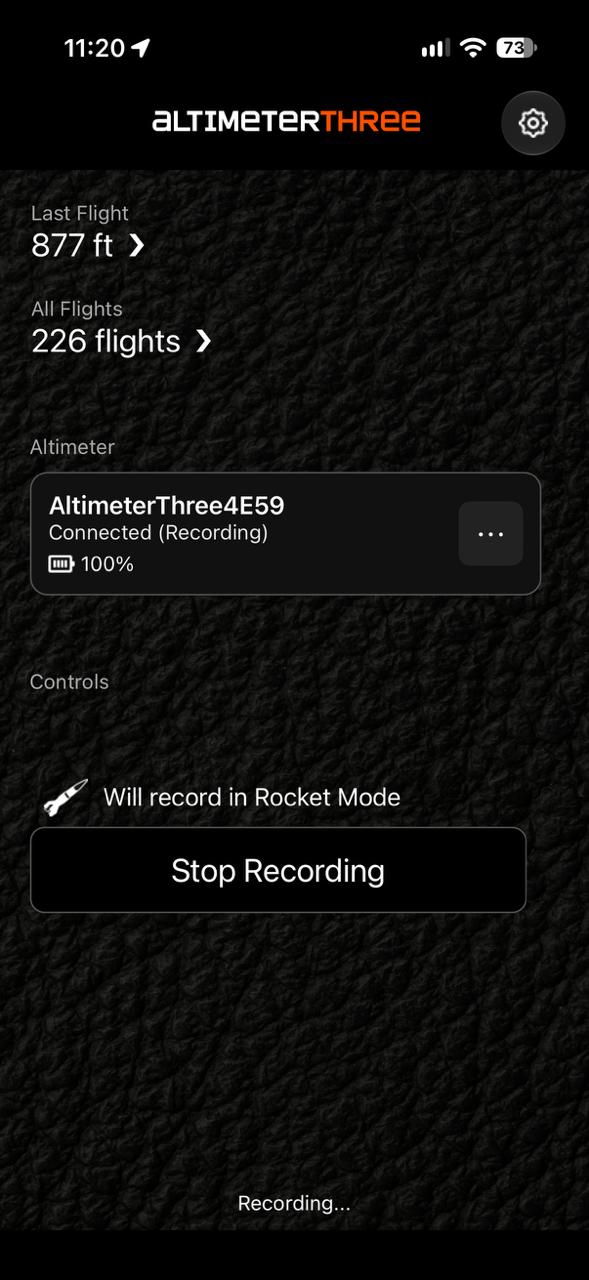 AltimeterThree Pi actively recording from a connected altimeter in Rocket Mode, with a Stop Recording button and Recording status.