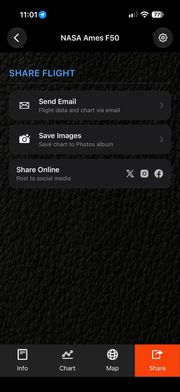 AltimeterThree Pi Share Flight screen with options to email flight data, save chart images, or post through X, Instagram, and Facebook.