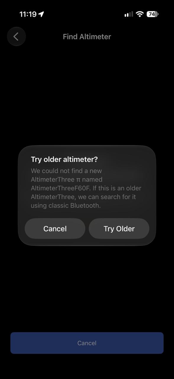 AltimeterThree Pi dialog offering to search for an older AltimeterThree using classic Bluetooth after the newer-device search was unsuccessful.