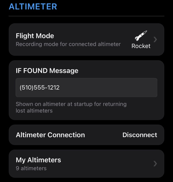 Settings Altimeter section showing Flight Mode set to Rocket, an IF FOUND phone number, Disconnect, and My Altimeters.