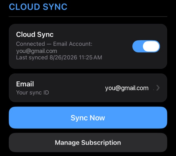 Settings Cloud Sync section turned on, showing email, last sync time, Sync Now, and account controls.