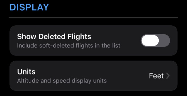 Settings Display section with Show Deleted Flights off and Units set to Feet.