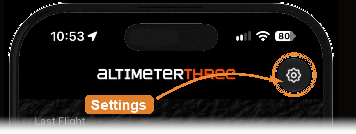 Top of the AltimeterThree home screen with an arrow pointing to the gear icon in the upper right.