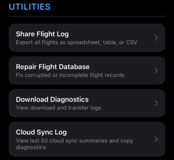 Settings Utilities section listing Share Flight Log, Repair Flight Database, Download Diagnostics, and Cloud Sync Log.