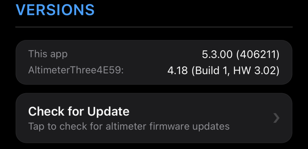 Settings Versions section showing the app version, connected altimeter firmware, and Check for Update.