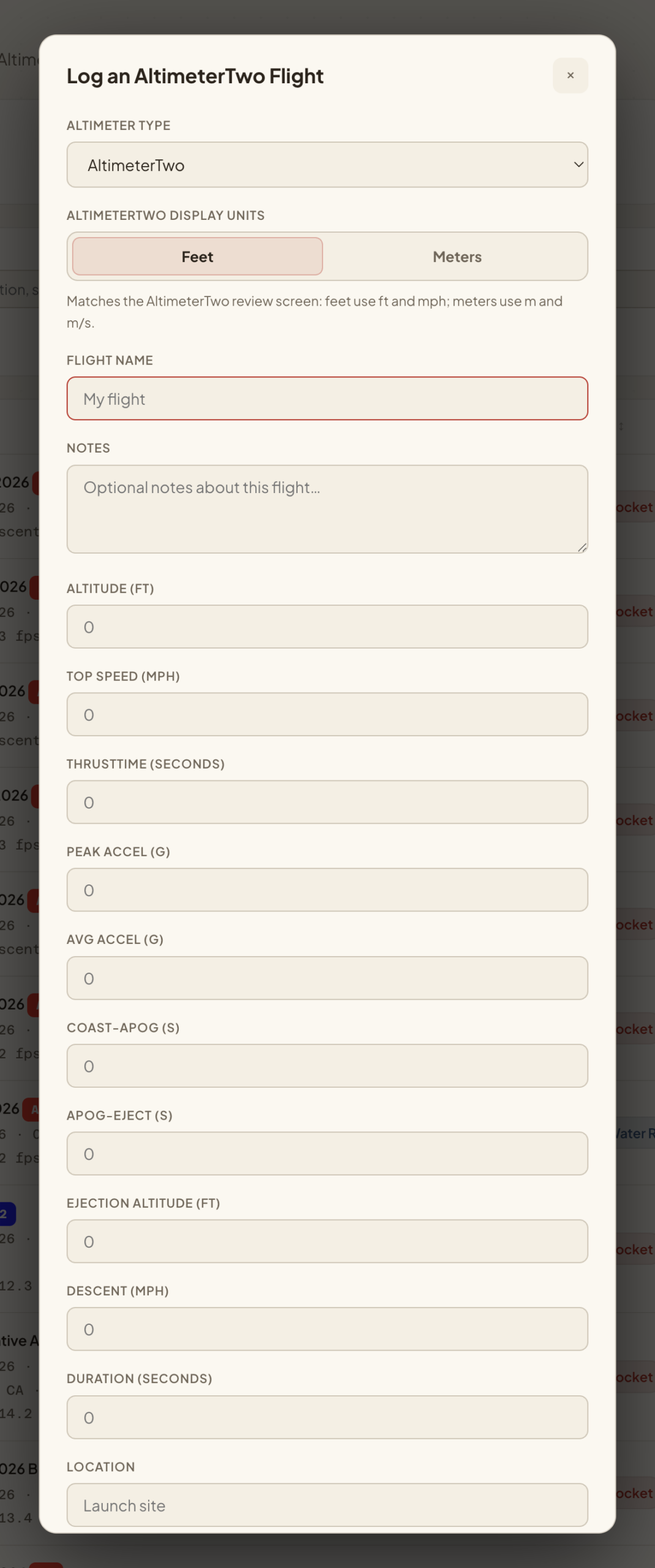 FlightLab form for logging an AltimeterTwo flight by hand