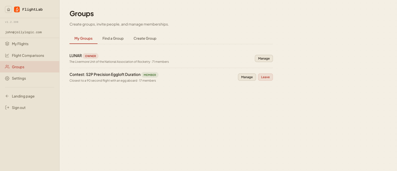 FlightLab Groups page showing a rocketry club group and a contest group