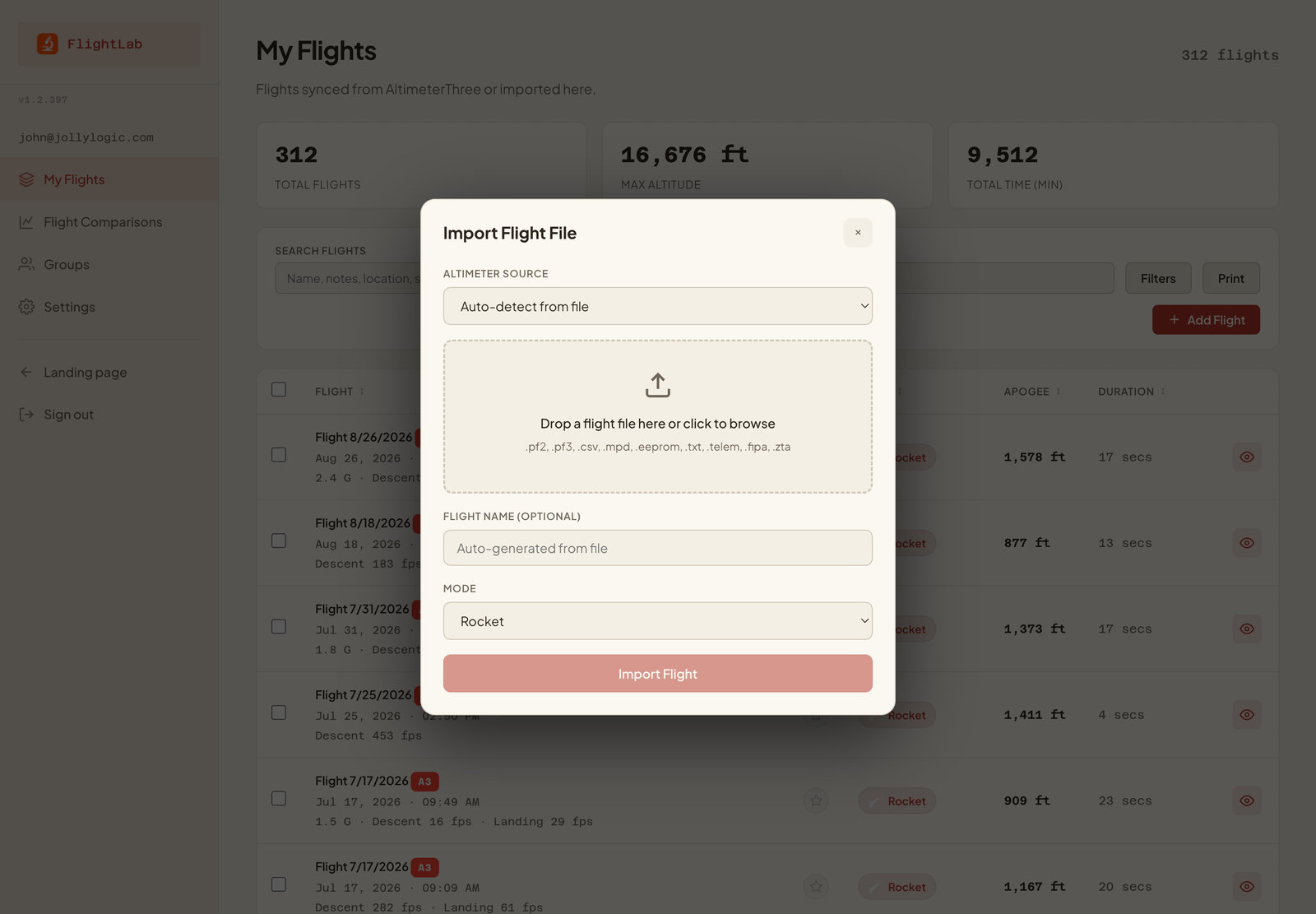 FlightLab Import Flight File dialog with a drop zone for altimeter files