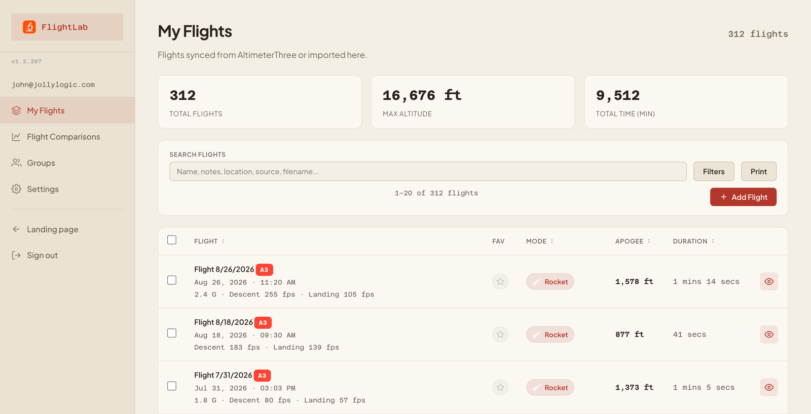 FlightLab My Flights page listing rocket flights with altitude and duration