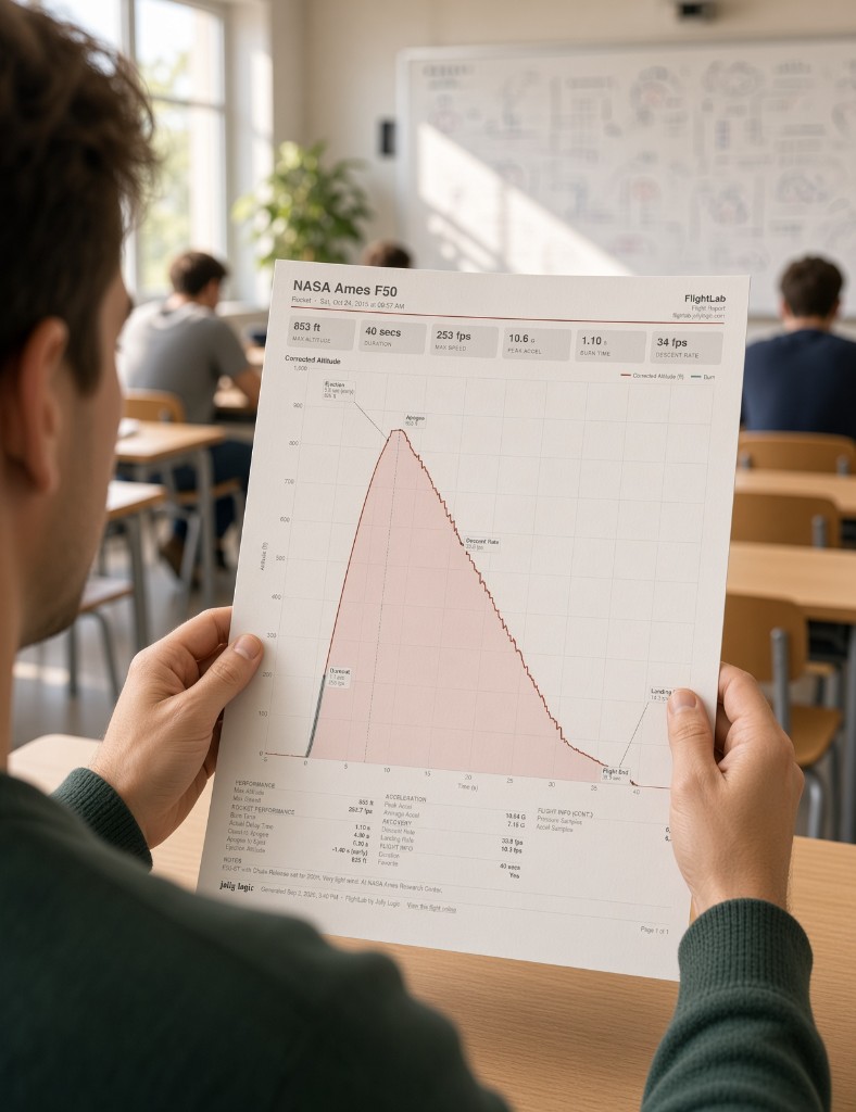 A printed one-page FlightLab flight report held up in a classroom